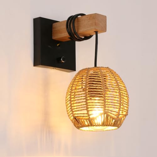 Mckalen Applique Murale Intérieure Vintage, Applique Murale en Rotin E27 avec Interrupteur, Cage Lampe Murale en Bois pour Salon, Chambre, Couloir, Salle à Manger (Sans Ampoule)