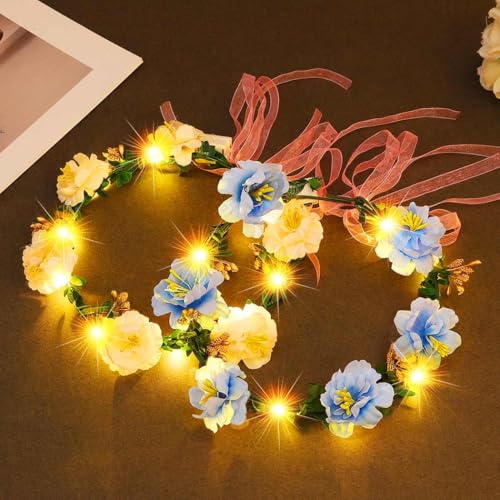 Zoestar Leuchtendes Blumenkronen-Stirnband LED-Haarkranz-Stirnbänder Braut-Blumenkopfschmuck Festival-Girlanden-Kopfschmuck für Frauen und Mädchen, 2 Stück