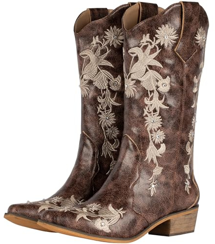 SheSole Kvinnor Western Country Bröllop Cowgirl Cowboy Stövlar Bred Kalv Blommor Broderi Strass Brun, Brun, 37 EU