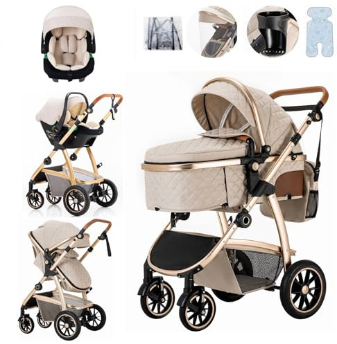 Lnhcrbs 3 in 1 Baby Stroller,This Travel Stroller Features an Adjustable Handle Height, Compact Stroller Also Comes with an Anti-Mosquito Net and an Exclusive Mommy Bag for Ages 0-4