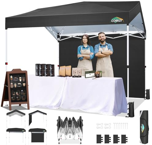 COBIZI Pavillon 3x3 Pop-up-Pavillon mit 1 Seitenwand, Außenüberdachung mit einem klick installiert und 3 einstellbaren Höhen, kommerzielles Faltavillon-Eventpavillon für Partys und Straßen,Schwarz