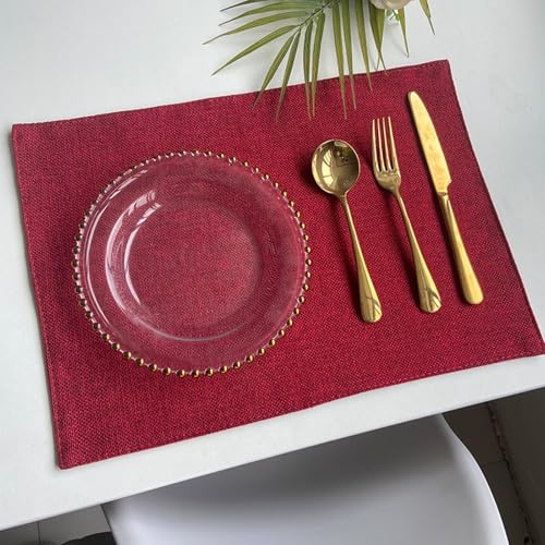 Bishilin Platzsets Waschbar Stoff 4er Set, Tischsets Rechteckig 45x30CM Leinenoptik Platzdeckchen Abwaschbar Set Weinrot für Hochzeit Wohnzimmer