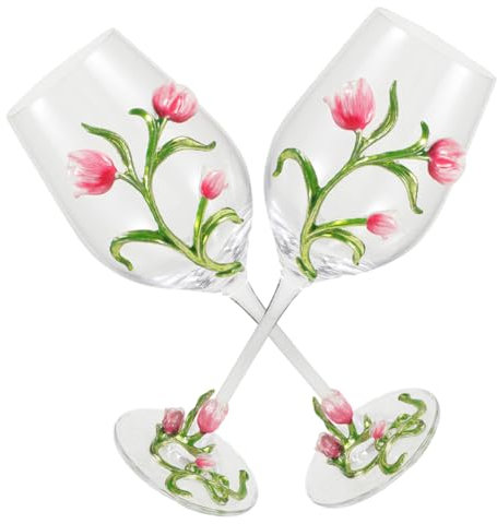 BEBEMOKO 2piezas Copas De Vino Tulipán De Vidrio Relieve Para Fiestas y Decoración De Mesa Elegantes y Delicadas Estilo Floral