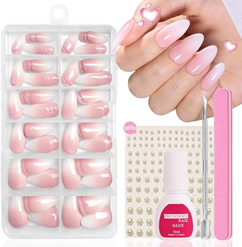 Falsche Nägel Tips Set - 120 Stück Französisch Falsche Nägel Zum Aufkleben - Weiß Rosa Gradient Design Künstliche Nägel Nail Art Manicure Fake Nails für Damen und Frauen DIY (Baby Pink Lang Mandel)