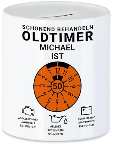 Kiddle-Design Personalisierte Spardose 50. Geburtstag, Schonend behandeln Oldtimer ist 50, 50ter Geburtstag Lustiges Geldgeschenk Frau Mann, Sparschwein Geburtstag
