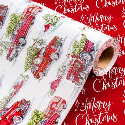 Wikadlik Weihnachts-Geschenkpapier – 43 cm x 10 m Vintage Weihnachtsmann Rotes Auto Baum Frohe Weihnachten Beschriftung Design Geschenkpapier zum Verpacken von Geschenken
