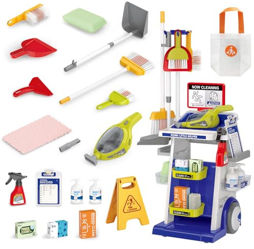 RedCrab Putzset für Kinder, 23Pcs Schaufel und Besen Set Kinder Putzwagen Spielzeug mit Staubsauger, Bürsten und Kehrschaufel, Haushaltsreinigung Rollenspiel Spielzeug(Blau)