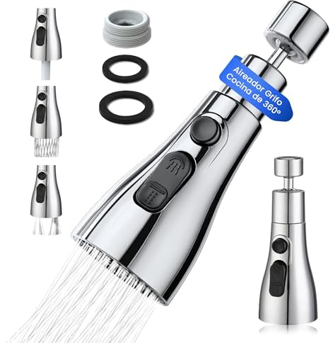 VIPA Adaptador Grifo Cocina - 3 Modos Ajustable - Aireador Grifo Cocina de 360º con Adaptador - Adaptador Universal para Grifos - Boquilla de Grifo Universal - Grifo Filtrado a Prueba de Salpicaduras.