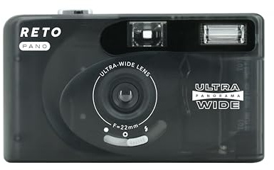 RETO PANO 35mm Filmkamera–22mm Weitwinkelobjektiv,Panorama,einfacher Wechsel,Objektivabdeckung,eingebauter Blitz(Film und AAA-Batterie sind Nicht im Lieferumfang enthalten) (Transparentes Schwarz)