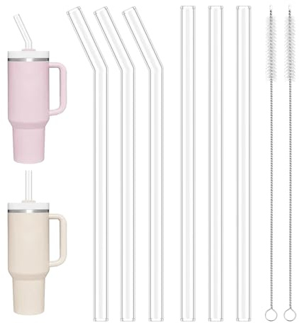 YIMETOP 6pcs Glass Straws for Stanley Cup 30oz/40oz, Extra Long 31cm Reusable Straws - 3 Straight + 3 Curved with 2 Cleaning Brushes, Transparent Washable Straws for Stanley Tumbler & Water Bottles