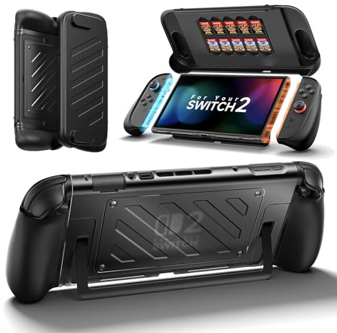 JSAUX Split-skyddsfodral för Switch 2, TPU-mittram och PC-frontskydd | halkfritt ergonomiskt handtag, plats för 10 spelkort, stöder stativfunktion, stötsäker och reptålig, PC0114