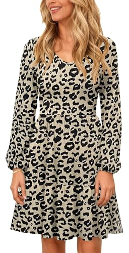PLOKNRD Vestido de Cuello V Manga Larga de Mujer con Bolsillo Elegante Vestidos en Capas Falda Corta Casual de Otoño e Invierno Leopardo XXL