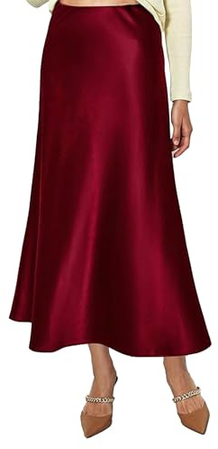 Vossmi Jupe en Satin pour Femme Longue Satinée Jupes Taille Haute Élégant Midi Jupe en Soie Élastique A Ligne Casual Skirt Con Cerniera Printemps Bordeaux,L