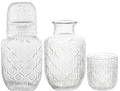 Yumzxin 2 Sets Vintage Bedside Water Carafe Set, with 2 Matching Drinking Glasses Embossed Elegant Bedside Drinkware Set for Bedroom, Hotel & Home Decor，Easy-Access for The Night