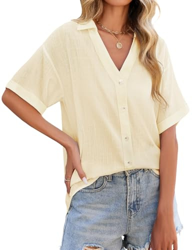 PASUDA Camicia Donna Estiva Lino Camicetta Manica Corta Elegante Blusa Scollo a V Maglietta con Bottoni Moda Casual Tinta Unita Tunica Copricostume Mare Tops(Giallo,L)