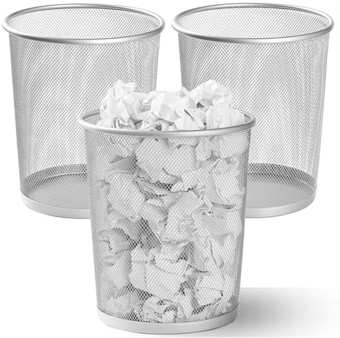 Evadow 3 Pack Mesh Waste Paper Bin 12 Litres, Silver Metal Wire Waste Basket Lightweight Circular Trash Bin for Home Office Garbage Can Bin - 260mm x 235mm x 190mm