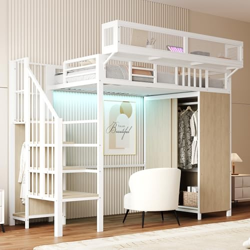 Merax Metall-Hochbett 90×200 cm, mit Kleiderschrank, LED-Beleuchtung, und abnehmbaren Regalen, platzsparendes Loftbett, Weiß (ohne Matratze)
