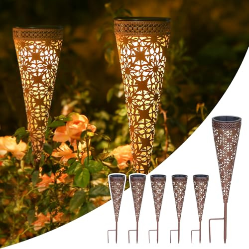 6 Stück Solarleuchten für Außen Metall, Blumen Solarleuchten Garten Vintage mit Erdspieß, 15LM Solarlampen für Außen Garten IP65 Wetterfest, Gartenleuchten Solar für Balkon Geschenk Frauen (Rostoptik)