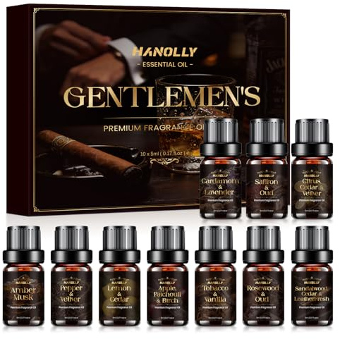 Hanolly Männer Ätherische Öle Set, 10 x 5ml Duftöle für Diffuser, Kerzen - Sandelholz, Zeder & Leder, Rosenholz & Oud, Tabak & Vanille, Apfel, Patschuli & Birke, Zitrone & Zeder, Pfeffer & Vetiver