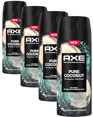 Axe Desodorante Aerosol 72h Pure Coconut para Hombre Fragancia Eucalipto y Róble 150ml (Paquete de 4)
