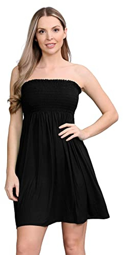 janisramone® Womens Bandeau Dress, Boob Tube Sheering Ruched Flared Mini Dress, Plain Strapless Summer Dresses, Perfect Holiday & Beach Dresses for Women UK Black