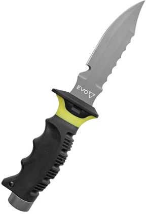 EVO Titanium Dive Knife - 5 Premium Diving Knife with Pointed Tip, Serrated Top Edge, and Built-In Line Cutter - Scuba and Snorkeling Gear - Underwater Equipment and Accessories