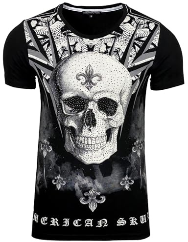 T-Shirt Homme Tête de Mort Col Rond Imprimé Fleur de Lys Avec des Strass Manches Courtes, Disponible en Noir, Blanc, Gris, Turquoise de la Taille S à XXL, Idée Cadeau Noël, Saint Valentin