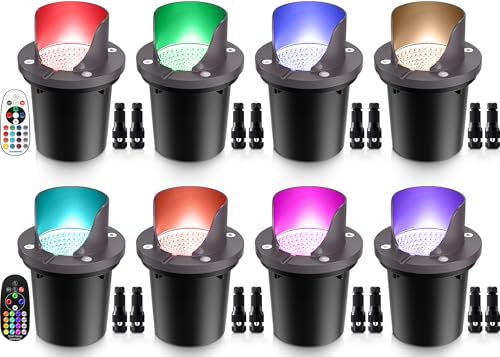 SUNVIE RGBW Low Voltage Landscape Lighting Color Changing 12W Waterproof Well Lights Landscape LED In Ground 12-24V Dimmable Paver Lights with Connectors for Pathway Garden Yard Fence Deck, 8 Pack