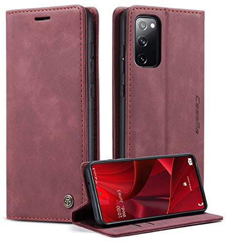 CaseMe für Samsung Galaxy S20 FE Hülle, Magnet Leder Klapphülle Stoßfest | Retro PU Leder, 2 Kartenfach, Standfunktion, Schutzhülle, Flip Case, Handyhülle für Galaxy S20 FE 6,5'', Weinrot
