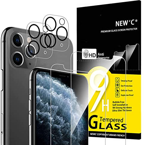 NEW'C 4 Pack, 2 Pack for iPhone 11 Pro Screen Protector + 2 Pack Camera Lens Protector, Sensor Protection,Case Friendly Tempered Glass Film