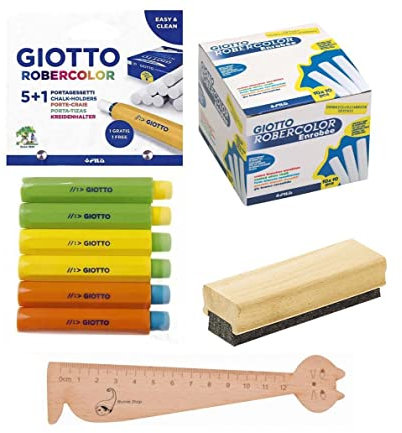 Lotto di 100 gessetti bianchi incastrati + 6 porte gessetti Giotto + 1 spazzola in legno per lavagna nera + 1 marca Page Bois a forma di gatto Blumie (bianche rivestite da 100)