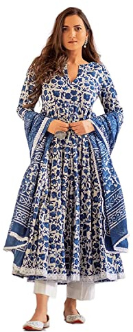 MEERA FAB Dam bomull tryckt anarkali kurta med Palazzo & Dupatta Set, Blå, M