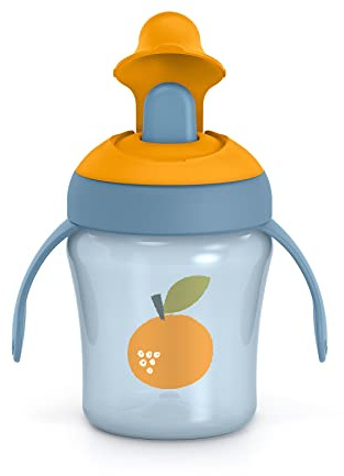 Suavinex, Träningsmugg med styv pip. Läckagesäker babymugg med fällbart lock och handtag. Diskmaskinssäker. Träningskopp, 200 ml, orange, blå färg