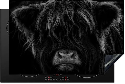 KitchenYeah© Induction Hob Protector Mat Stove Cap Top Cover Kitchen Cooker | 20.5x31. / 80x52 cm - Covers for Electric Hobs Vinyl Scottish Highlander - Cow - Black - White - Animals