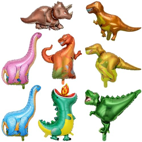 OSDUE Dinosaurie-djurballonger, dinosaurie, temafesttillbehör, 8 st födelsedagsdekorationer, Tyrannosaurus Rex, Velociraptor, Triceratops, Ceratosaurus ballonger för baby shower, födelsedagstillbehör