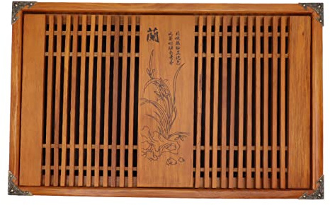 Vassoio da Tè Gongfu in Legno con Drenaggio Integrato e Tubo di Scarico Capacità Elevata per Raccolta Acqua Vassoio da Tè Cinese per Cerimonia del Tè, Uso Domestico con Motivo Orchidea