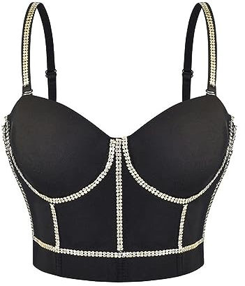 AYAZER Cotone Nero con Perline Argento Reggiseno Push up Senza Spalline Bralette Croptop Bustier Reggiseni Sexy per Le Donne Dance Clubwear Brasier Mujer-Nero-XL