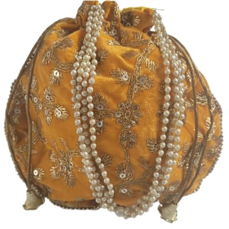 Handcrafted Women Potli Bag Purse Handbag Indian velvet Party Wedding Clutch Bag Traditional Return gift (Mustard yellow)