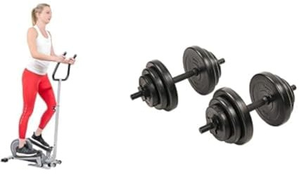 Sunny Health & Fitness Magnetic Underdesk/Standing Portable Ellittical Machine + Exercise Vinyl 18KG Dumbbell Set Hand Weights for Strength Training, Weight Loss, Workout Bench