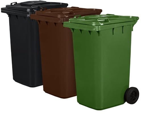 Juego de 3 cubos de basura para basura PN-EN 840, de 240 litros, con ruedas, sistema de enganche para extracción mecánica, de plástico, negro, marrón, verde
