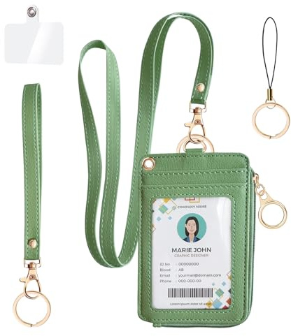 bolimoss 2-in-1-Ausweishalter und Umhängeband für Damen, Lehrer, PU-Leder, Ausweishülle mit abnehmbarem Armband und Umhängeband, transparentes Fenster, 5 Kartenfächer, 1 seitliche Reißverschlusstasche