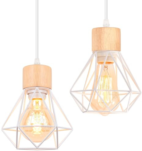 TOKIUS 2 Stücke Pendelleuchten Vintage Industrial 16CM Hängelampe Geometrischem Design E27 Lampe aus Holz Eisen Käfig Lampenschirm Weiß Hängeleuchte für Esstisch Küche (Pendellampe 1-flammig)