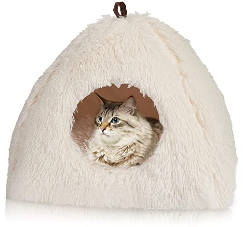 Kattgrotta kattsäng katthus gosig grotta CATISM vikbar tvättbar bekväm kattsovplats för katter, kattungar, valpar med avtagbar kattkudde, beige