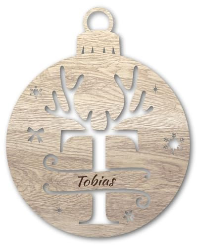 Urhome Weihnachtskugel personalisiert mit Namen Gravur Buchstabe T mit Geweih Motiv Hell Braun - Ornament Christbaumschmuck Weihnachtsdeko Weihnachtsbaum Anhänger aus 3mm Holz