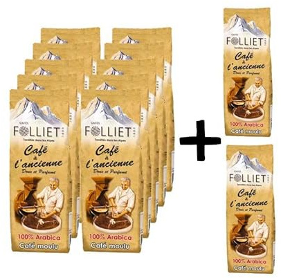 CAFÉS FOLLIET - Café Moulu - À L'Ancienne - 10 + 2 offerts - Torréfaction traditionnelle - Intensité 8/10-100% Arabica - Café vert - Amérique Centrale, Afrique & Asie - 12 x 250 g