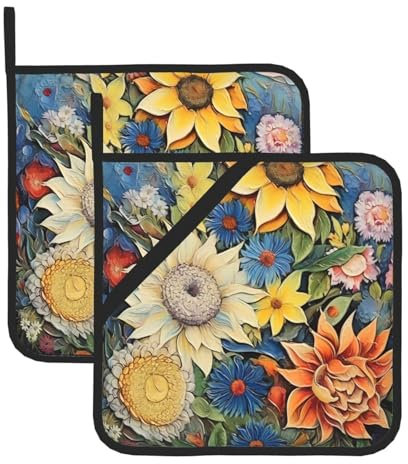 WHJYYXDE Set di 2 presine da cucina, 20,3 x 20,3 cm, isolamento termico, resistente, impermeabile, tessuto olio su tela, girasole stampato