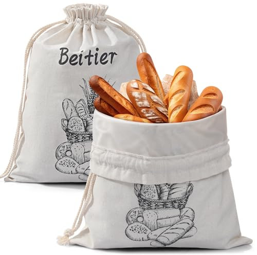 Bread Bags For Homemade Bread, 2 Pack Reusable Bread Bag, Large Bread Storage Bag with Lining, Drawstring Food Container for Sourdough, Toast, Loafs, Sandwich Fresh Longer