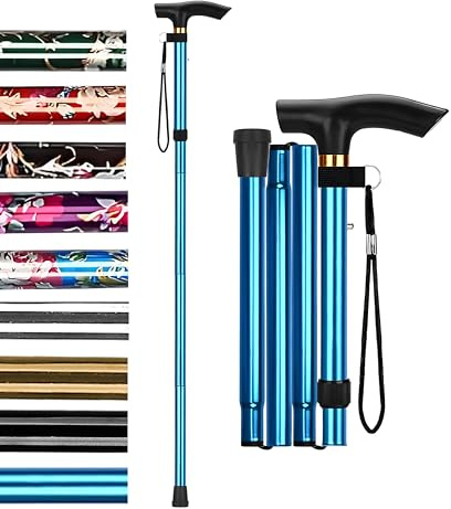 HATAF Gångstav, vikbara promenadkäppar för kvinnor, justerbar höjd, vikbara promenadkäppar för män, rörlighetshjälpmedel, gummiändar, vikbara promenadkäppar för damer (blå)