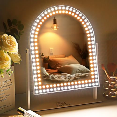 FENCHILIN Vanity Mirror with Lights Arched Hollywood Makeup Mirror with Lights Lighted 360° Rotation 3 Lighting Modes 10X Magnifying for Dressing Table 25x36 cm