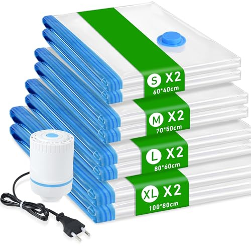 8 Vakuumbeutel für Kleidung & Bettdecken, Inkl. Elektrischer Vakuumpumpe – XL/L/M/S Kompressionsbeutel für Reise, Lagerung & Umzug, Platzsparend & Wasserdicht, Durchsichtig